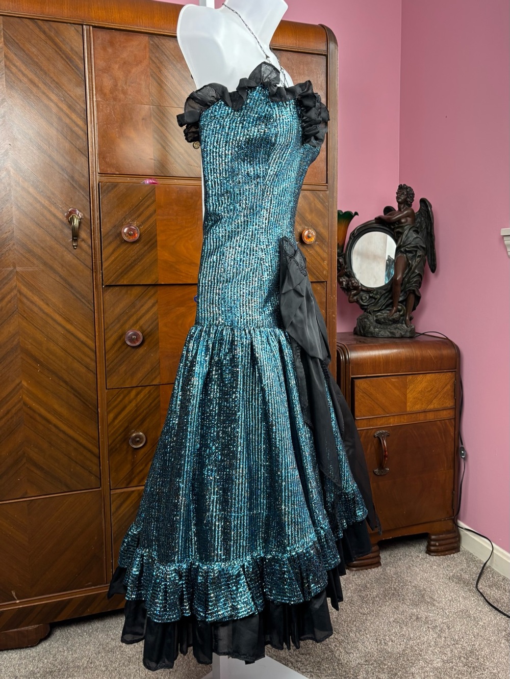 Vintage Teal Ruffled Evening Dress with Black Bow XXS - Picture 4 of 6